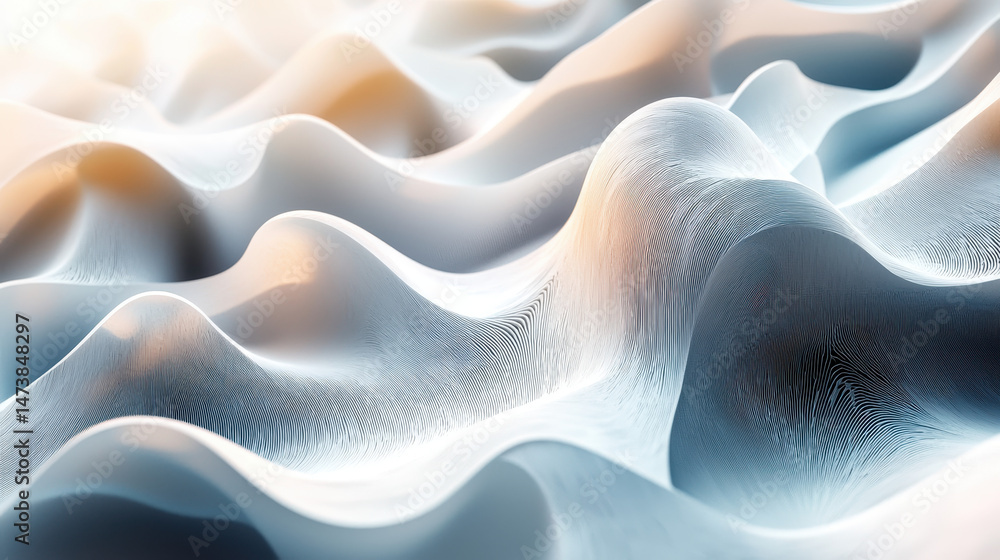 Obraz premium Realistic 4K 3D background showing organized forms with a side angle view, revealing smooth wavy shapes and soft gradient lighting in subtle blue and cream hues.