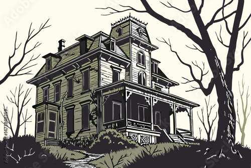 92 a dilapidated victorian house, overgrown with vines and moss, abandoned and weathered, eerie and haunting, dark and atmospheric, detailed architectural design, gloomy and ominous, digital art