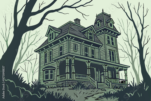 92 a dilapidated victorian house, overgrown with vines and moss, abandoned and weathered, eerie and haunting, dark and atmospheric, detailed architectural design, gloomy and ominous, digital art