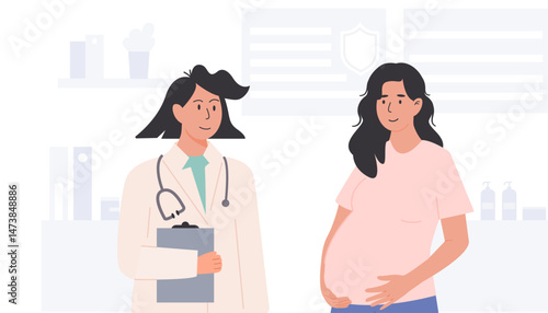 Pregnant woman attending routine antenatal consultation with female doctor in clinic setting. Maternal health check and pregnancy follow-up concept. Flat Style Vector Illustration.