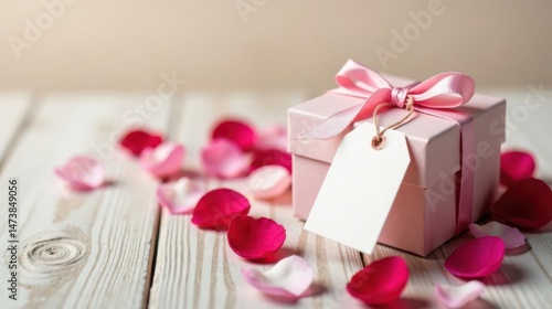 A delicate pink gift box adorned with a satin ribbon and blank tag rests on a weathered white wooden surface surrounded by scattered rose petals.