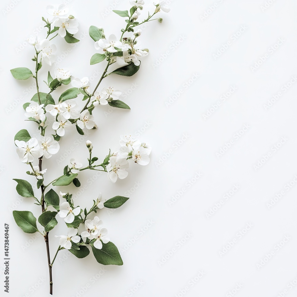 Fototapeta premium Delicate spring blossoms on a white background. A sprig of blooming flowers and green leaves against a pure white backdrop