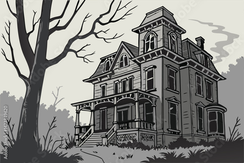 92 a dilapidated victorian house, overgrown with vines and moss, abandoned and weathered, eerie and haunting, dark and atmospheric, detailed architectural design, gloomy and ominous, digital art