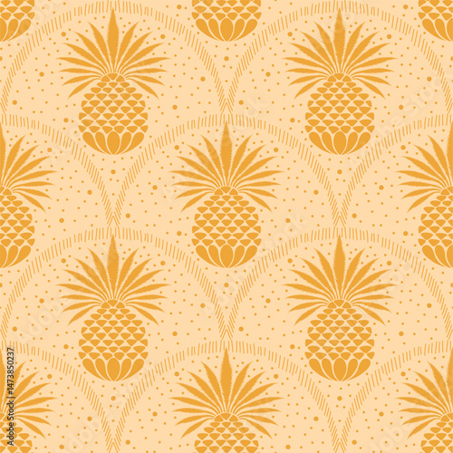 Monochrome seamless pineapple pattern in warm yellow tones with subtle dotted background. Simple tropical fruit design great for packaging, fabric, wrapping paper, and summer decor.