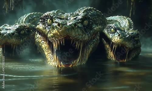 Giant multi-headed serpent emerging from dark swamp waters with open jaws ready to strike
