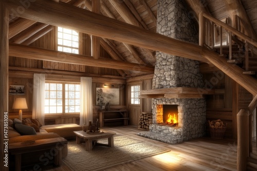 Wallpaper Mural Rustic cabin interior with wooden beams and a stone fireplace. Torontodigital.ca