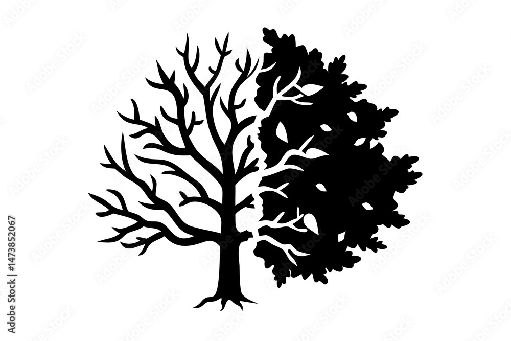 Fototapeta premium Dual-Season Tree Silhouette Showing Summer and Winter, Seasonal Transition Art, Cut Out