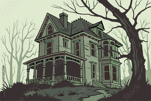 92 a dilapidated victorian house, overgrown with vines and moss, abandoned and weathered, eerie and haunting, dark and atmospheric, detailed architectural design, gloomy and ominous, digital art