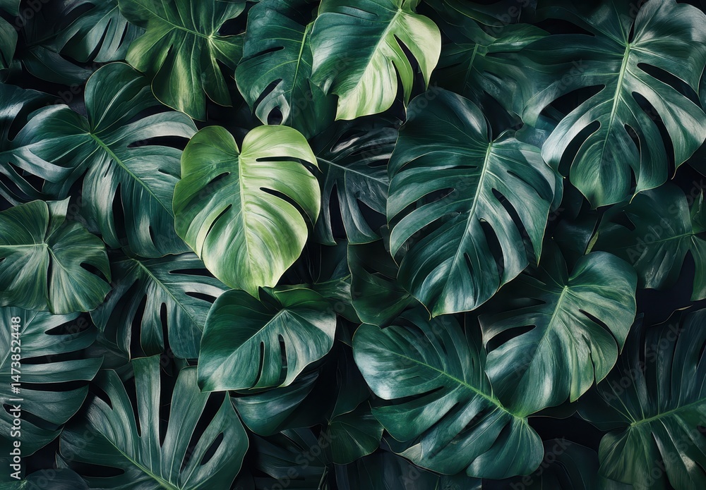Lush tropical foliage. A vibrant collection of large, deep green leaves with intricate patterns and a variety of shades Lush tropical foliage. A vibrant collection of large, deep green leaves with intricate patterns and a variety of shades
