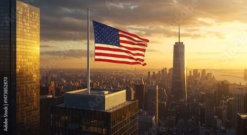 American Flag Over New York City at Sunset