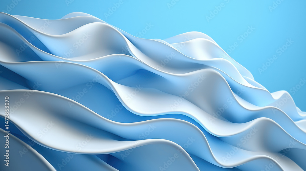 A modern 3D background features realistic white waves flowing from the side in a visually creative and high resolution 4K design on a light blue backdrop. A modern 3D background features realistic white waves flowing from the side in a visually creative and high resolution 4K design on a light blue backdrop.