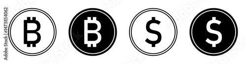 Bitcoin and dollar coin icons set in black and white color. Cryptocurrency and finance currency symbols in circle outline and solid fill styles. Isolated vector illustration.