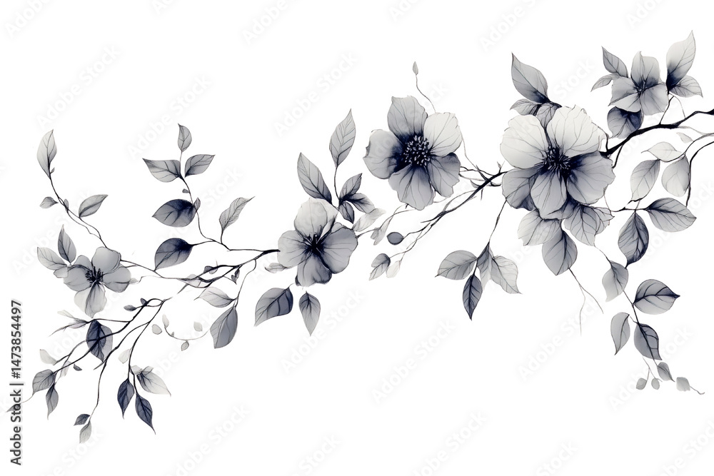 Fototapeta premium Botanical floral swirl with detailed ink-style drawing, transparent background.