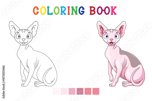 Cute sphinx cat cartoon on white background in coloring book style