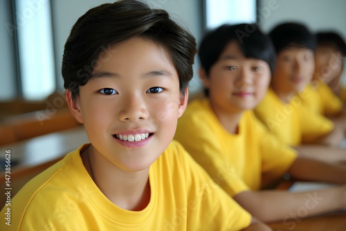 Wallpaper Mural Focused Asian students in matching yellow uniforms engage in learning activities inside a dynamic classroom setting. Torontodigital.ca
