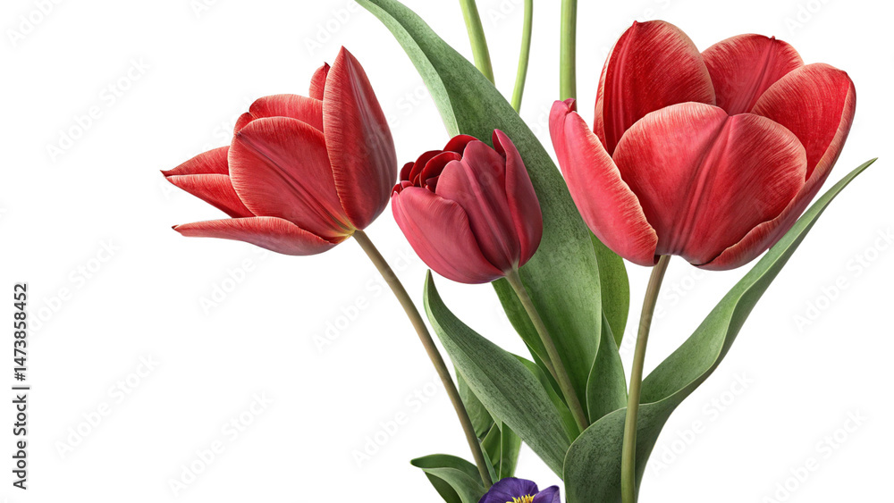 Vibrant Red Tulips Blooming with Green Stems in Studio Light Vibrant Red Tulips Blooming with Green Stems in Studio Light