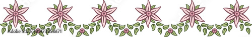 Linear garland with flowers and leaves. Illustration made with a garland of flowers and leaves on a white background creating a linear border.