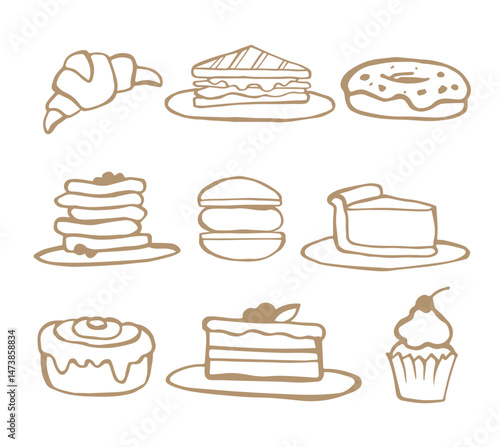 Coffee house vector set in brown color. Line art clip art with desserts from the cafe. Сoffee-themed composition in the ink style