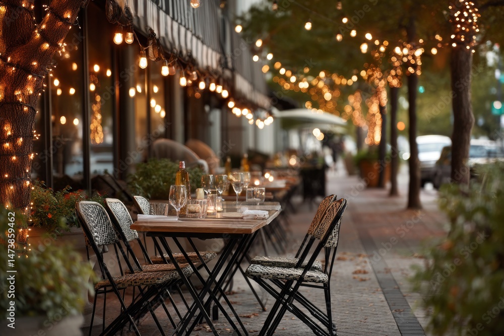 Fototapeta premium Cozy cafe patio with bistro tables and string lights.
