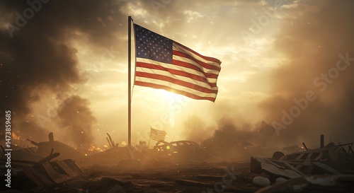 American Flag Waves Amidst Smoky Debris at Sunset