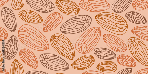 Seamless pattern design featuring almond illustrations in various line art styles and earthy tones, perfect for food or natural product themes