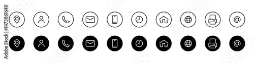 Contact icons. Contact sign vector set. Telephone number symbol. Email logo. Mail envelope sign. Location address line icon set. Contact us icon minimalistic set.