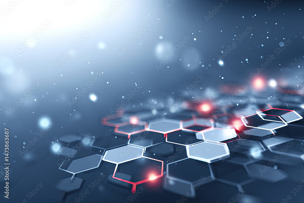 Fototapeta premium Abstract technology background with hexagonal pattern and glowing red lights, creating futuristic and dynamic digital network atmosphere with soft blue bokeh effects