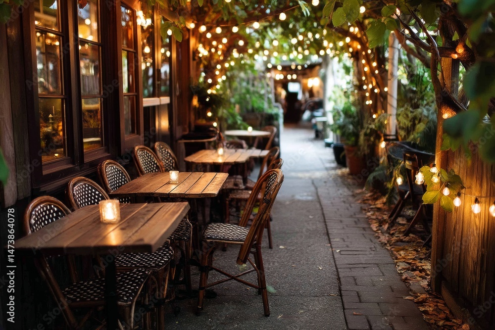 Fototapeta premium Cozy cafe patio with bistro tables and string lights.