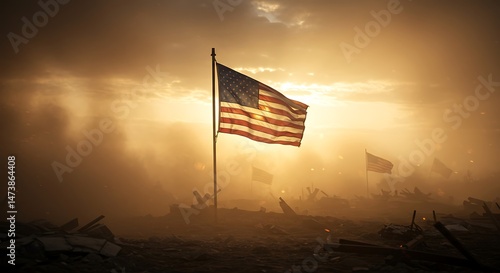 American Flag in Dusty Battlefield