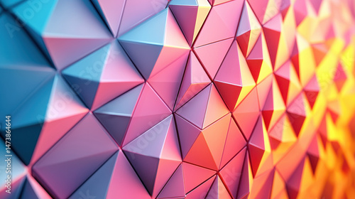 An abstract 4K 3D geometric background features a realistic pattern of colorful triangles shifting from cool blue hues to warm orange tones on a side angle view.