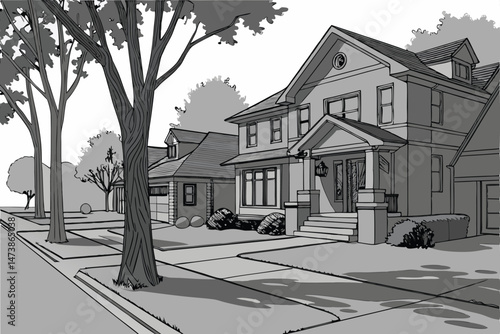 95 detailed 3d render, a suburban neighborhood of houses, trees, yards, and sidewalks, realistic lighting, high quality, detailed textures, intricate details, architectural style, photorealistic, mast