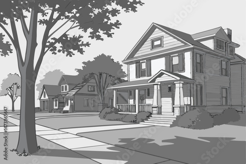 95 detailed 3d render, a suburban neighborhood of houses, trees, yards, and sidewalks, realistic lighting, high quality, detailed textures, intricate details, architectural style, photorealistic, mast