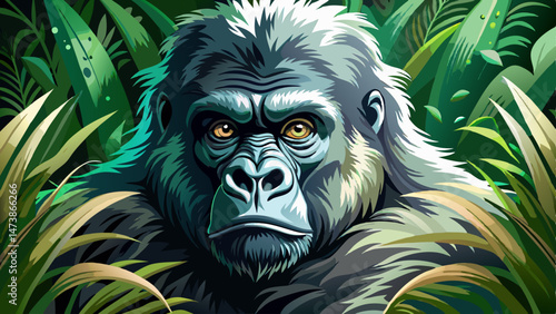 Intimate gorilla portrait among verdant foliage wildlife encounter