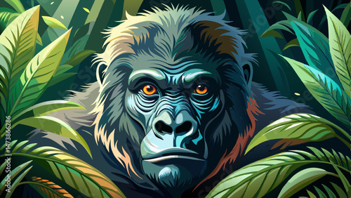 Intimate gorilla portrait among verdant foliage wildlife encounter