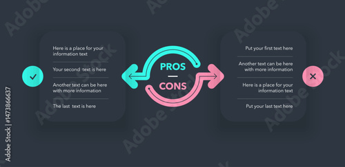 Pros and cons diagram with place for your content - dark version. Simple flat template for positive and negative comparison.