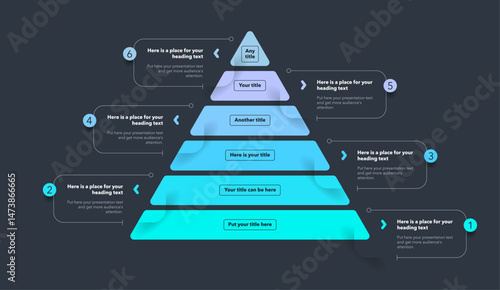 Triangle pyramid chart template with six colorful stages - dark version. Infographic diagram divided into six options with numbers.