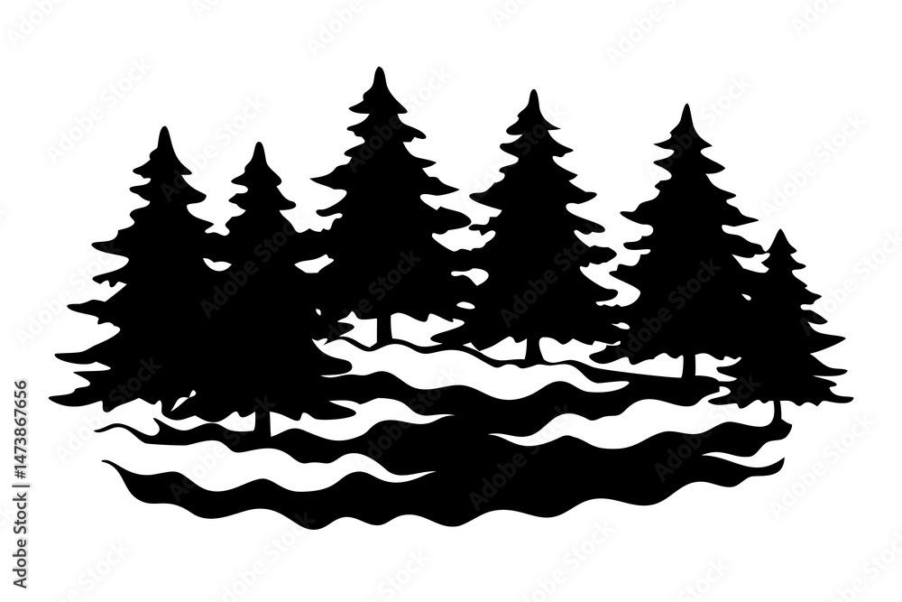Fototapeta premium Layered Silhouette of Forest with Fog Effect, Mysterious Woodland Scene, Misty Forest Landscape, Transparent Background