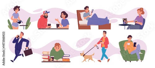 Hot coffee. People drinking on the way holding mug tea morning sleepy exact vector cartoon characters