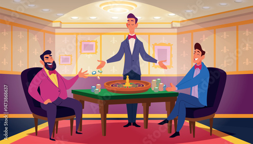 Casino interior. Lucky people winners in gambling games exact vector cartoon conceptual illustration background in cartoon style