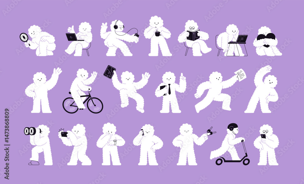 Cute funny cloud characters set. Whimsical quirky abstract creatures reading book, working on laptop, searching, exercising, walking, cycling, with coffee and phone. Isolated flat vector illustrations