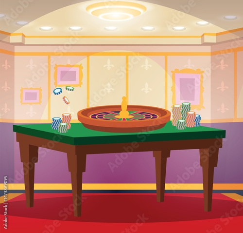 Casino interior. luxury room with roulette for gambling players. vector background