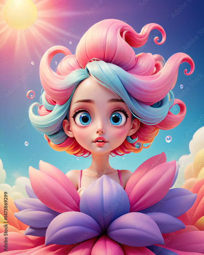Fototapeta premium 3D illustration of a fantasy girl with large expressive eyes, vibrant pink and blue curly hair, surrounded by blooming pastel petals under a bright sunny sky. Rendered in a whimsical and dreamy style