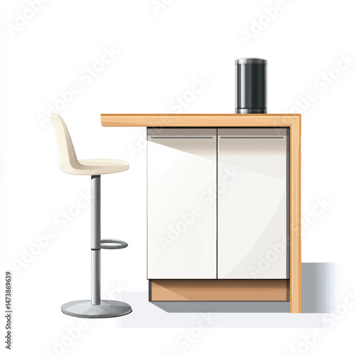 a bar stool next to a high kitchen island