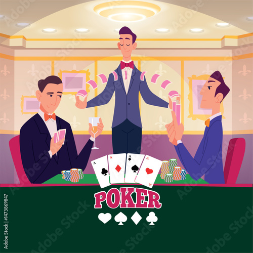 Poker players. gambling characters sitting in casino space and playing cards
