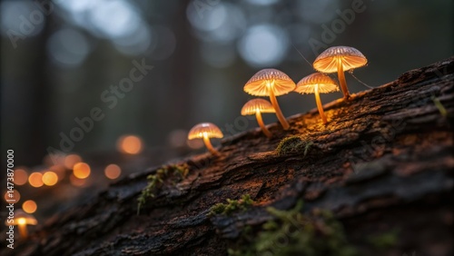 Small glowing mushrooms grow on a mossy log in a dark, enchanting forest, illuminated by warm, magical light.