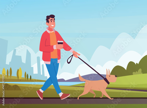 Walking with dog. man pet owner walking in park