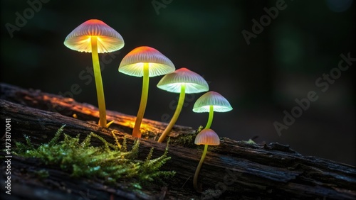 Four glowing mushrooms on a mossy log emit a soft, bioluminescent light in a dark, forested environment.