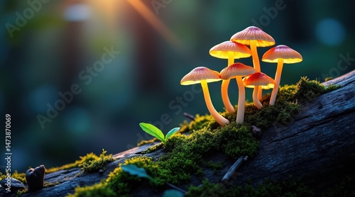 A cluster of glowing mushrooms grows on a mossy log in a forest, illuminated by gentle sunlight through the trees.