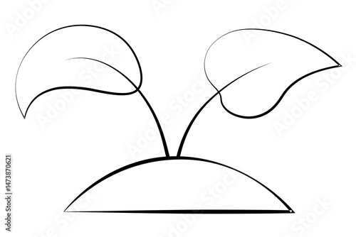 A seedling sprout has broken through the soil. Two twigs with leaves on a handful of earth. Sketch. Vector illustration. Outline on an isolated white background. Doodle style. 