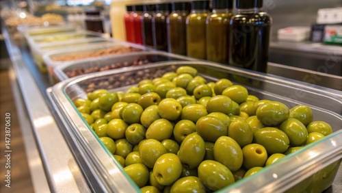 Tableau sur toile A container of green olives at a salad bar, with various toppings and dressings in the background